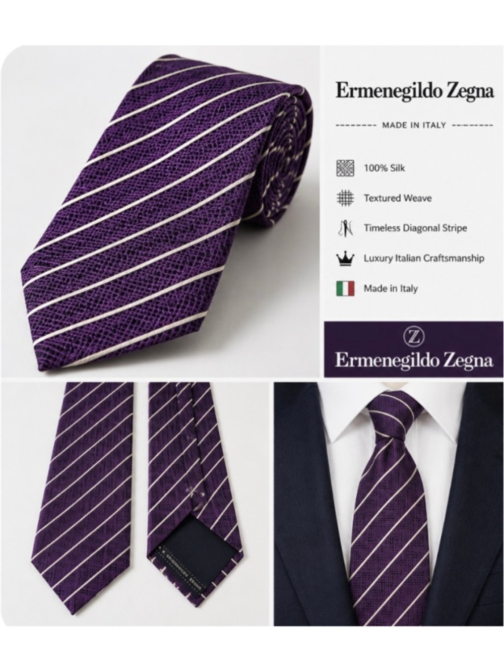 Men's Ermenegildo Zegna Silk Tie Purple White Diagonal Stripe Luxury New